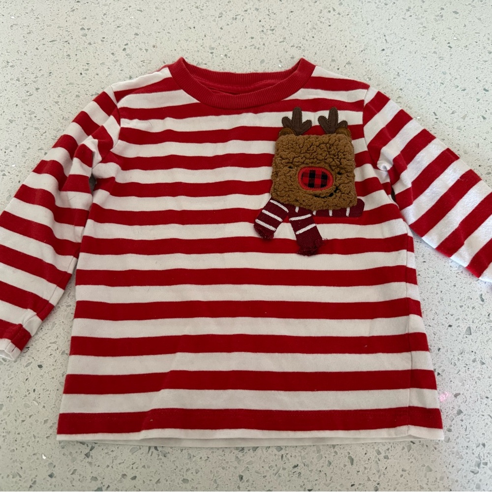 Next Red and White Striped Long Sleeve Kids Tee with Reindeer